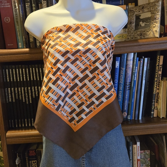 Geometric Orange and Brown Scarf, Vintage 406 Collection Nylon, 26" Square - Picture 6 of 11